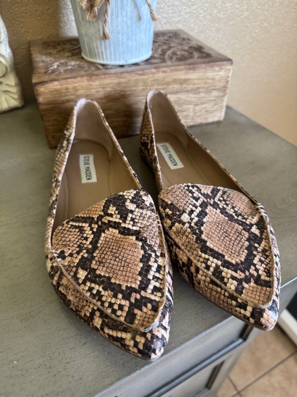 Steve Madden Pointed Snake-Print Loafers in Tan and Black